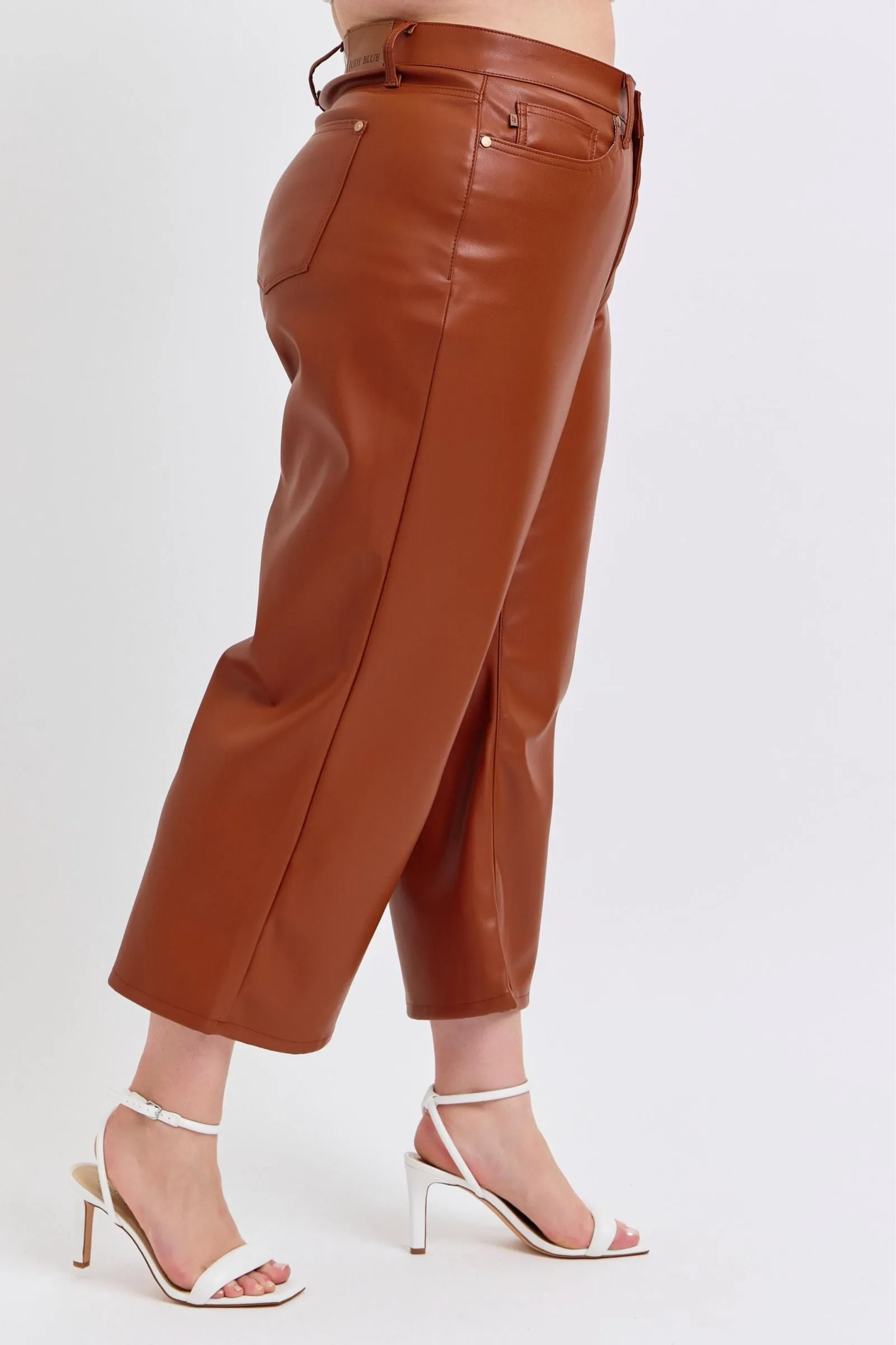 Judy Blue Reg/Plus High Waist Tummy Control Faux Leather Cropped Wide Leg Jeans