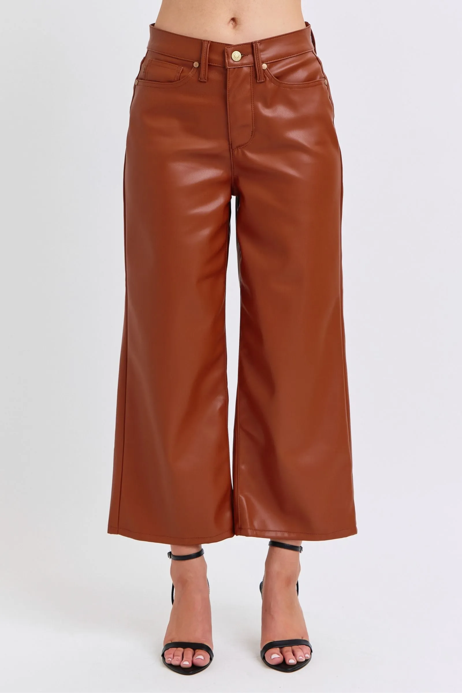 Judy Blue Reg/Plus High Waist Tummy Control Faux Leather Cropped Wide Leg Jeans