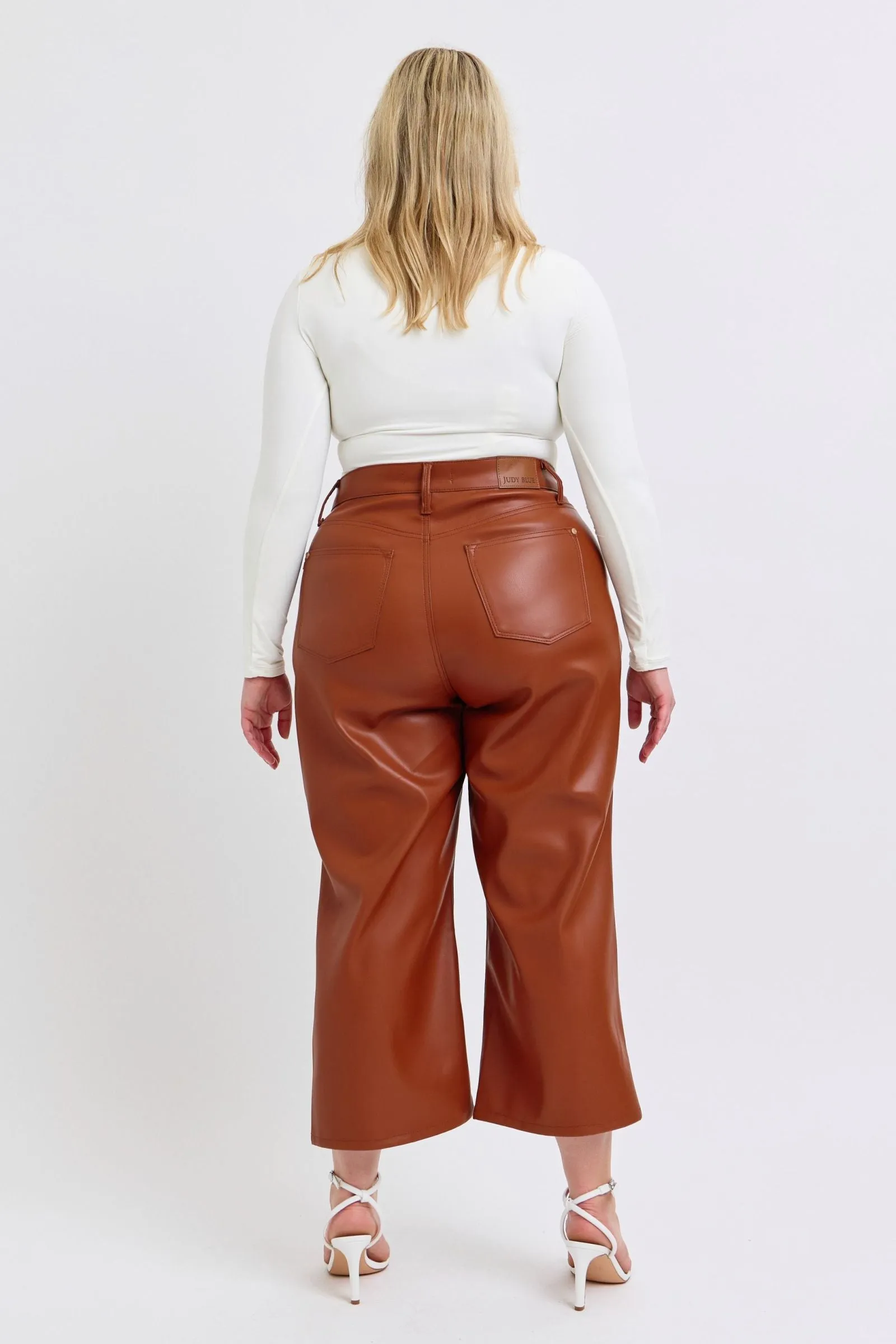Judy Blue Reg/Plus High Waist Tummy Control Faux Leather Cropped Wide Leg Jeans