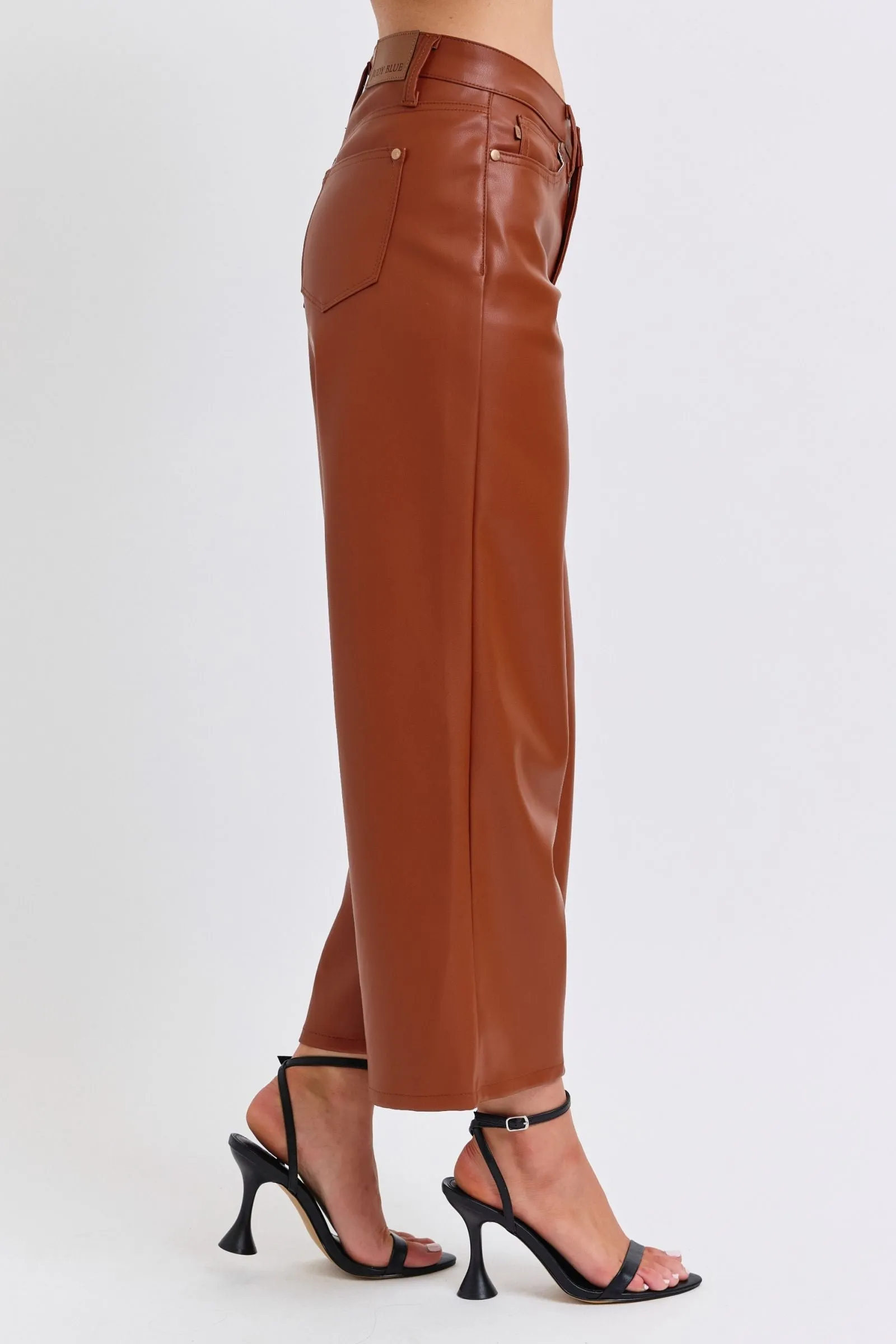 Judy Blue Reg/Plus High Waist Tummy Control Faux Leather Cropped Wide Leg Jeans