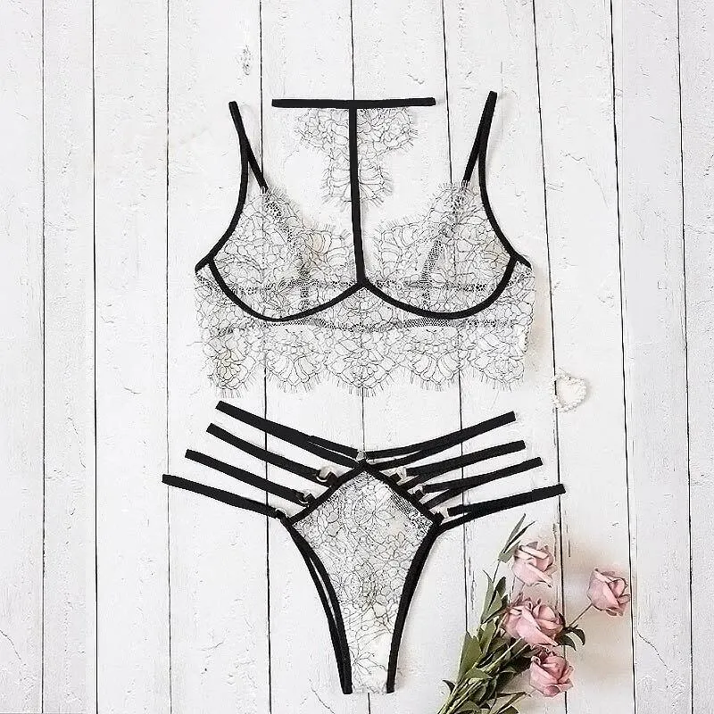 Lace Embroidery Lingerie Set Halter Bra Hollow Thong