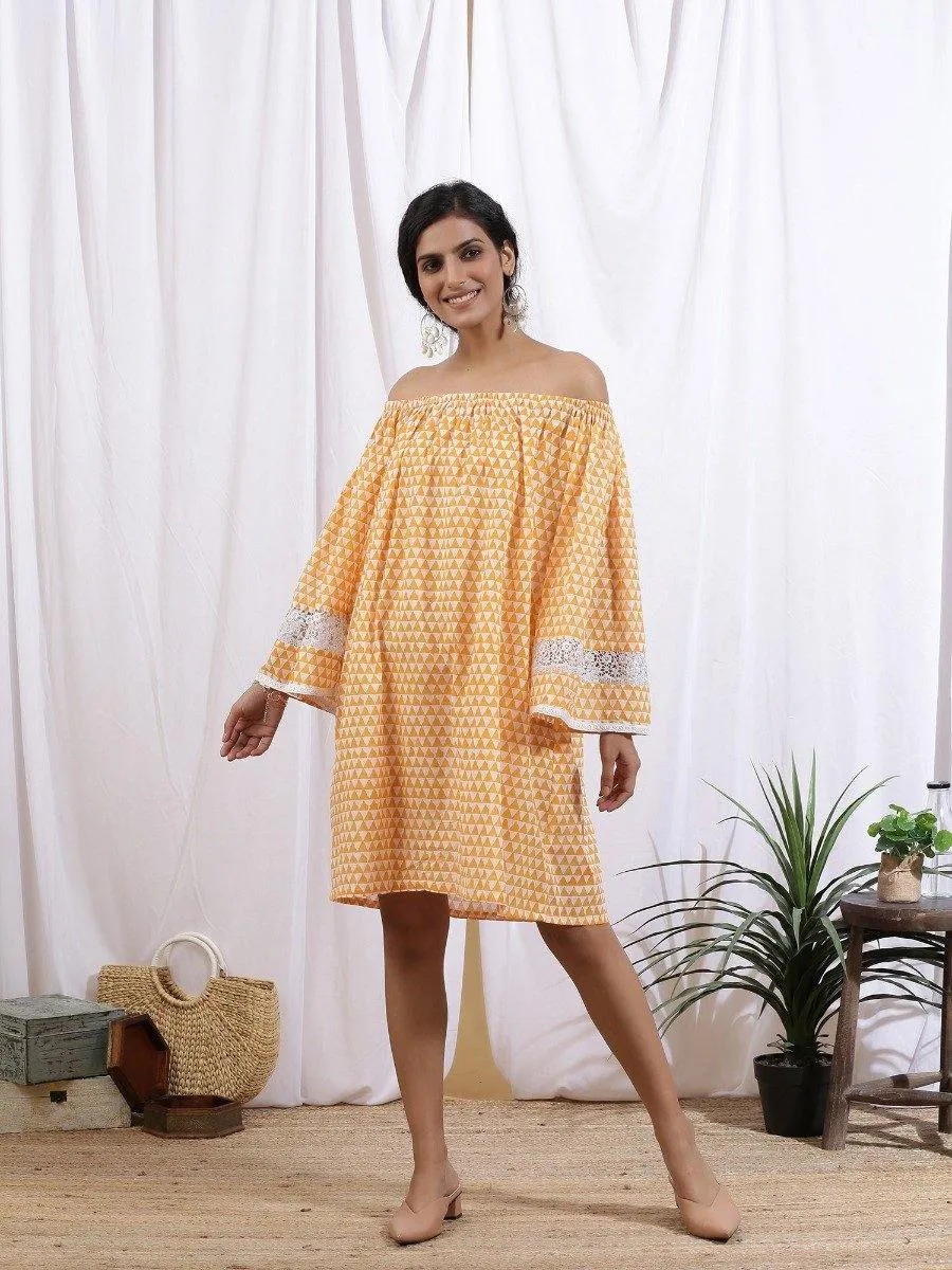 Mangue Off Shoulder Dress - Orange Cotton Printed