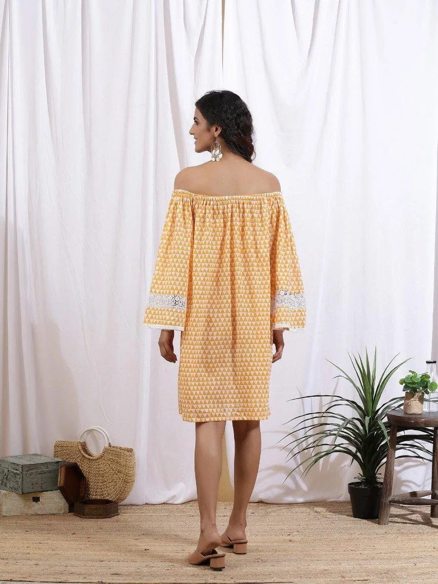 Mangue Off Shoulder Dress - Orange Cotton Printed