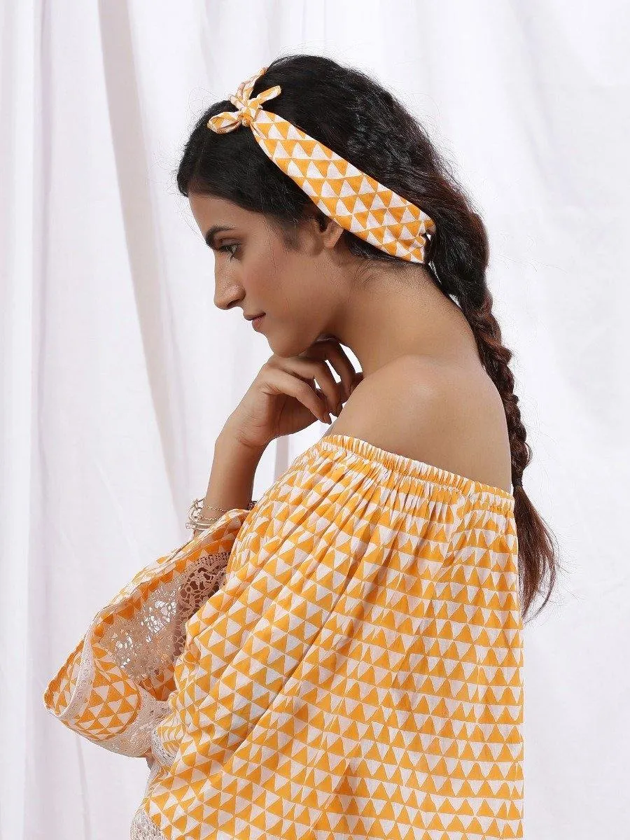 Mangue Off Shoulder Dress - Orange Cotton Printed