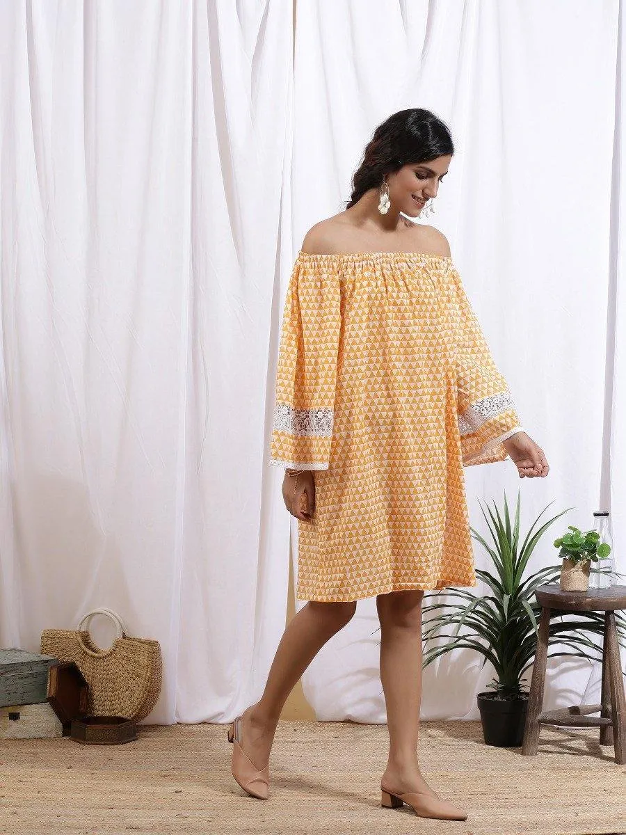 Mangue Off Shoulder Dress - Orange Cotton Printed