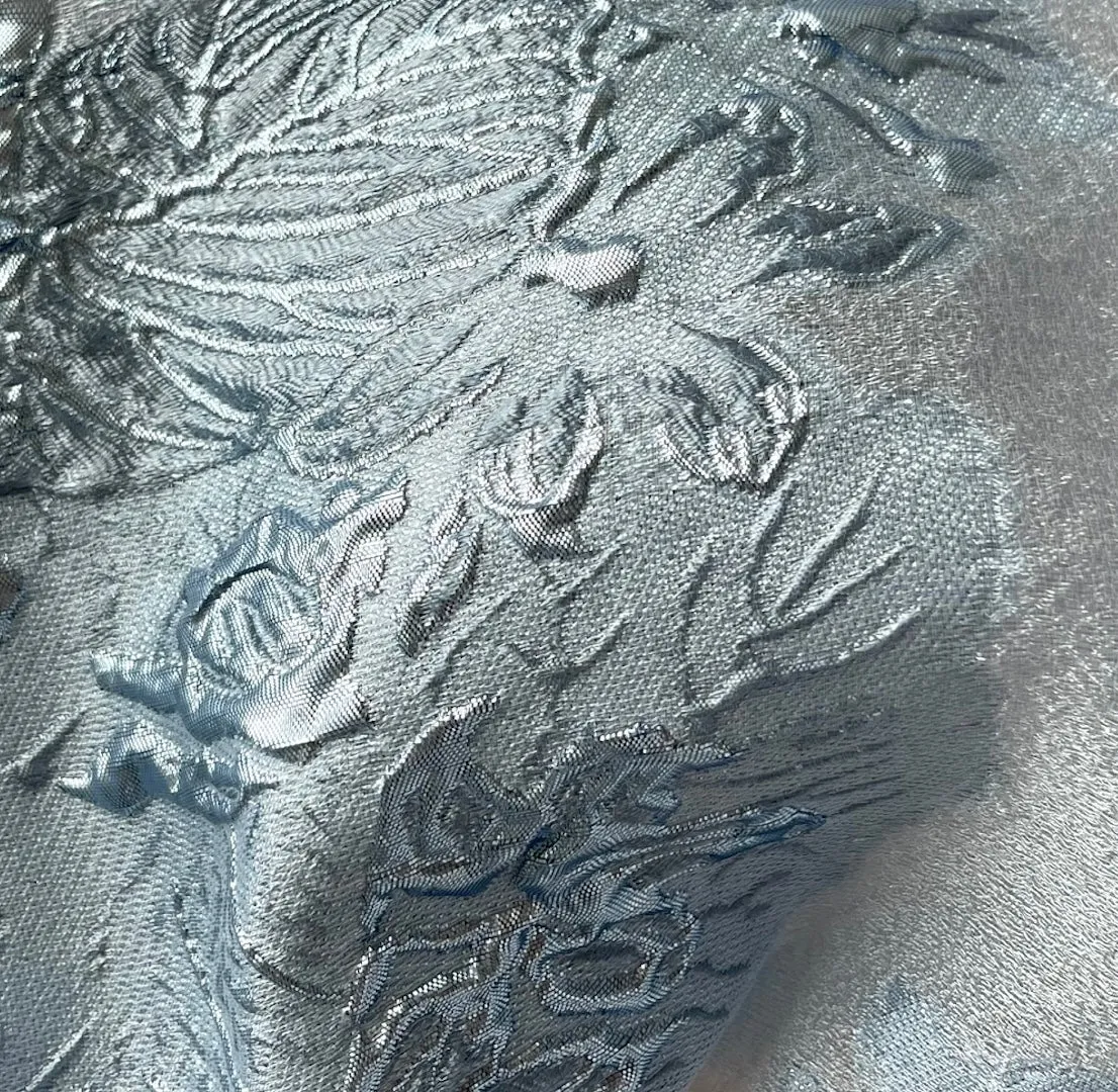 Metallic Ice Blue Lame Foliage Polyester Brocade  Organza (Made in Italy)