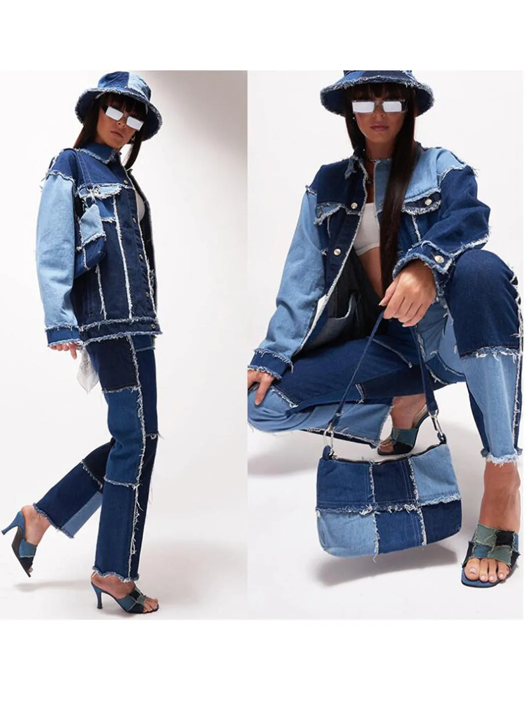 Patchwork Straight Leg Jeans | Mid Waist Raw Hem Denim Pants