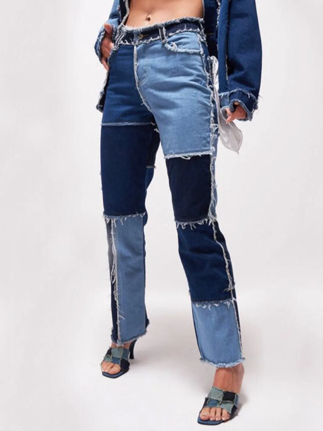 Patchwork Straight Leg Jeans | Mid Waist Raw Hem Denim Pants