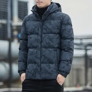 Puffy Gray Men’s Cotton-padded Jacket with Detachable Hood
