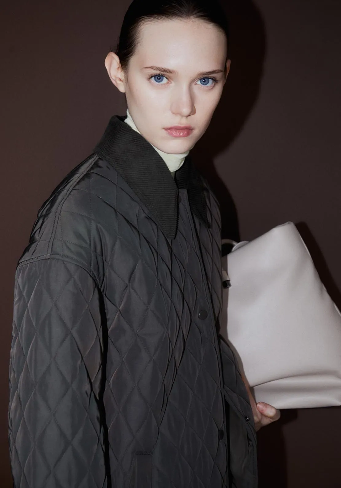 Ribbed collar quilted coat - Khaki