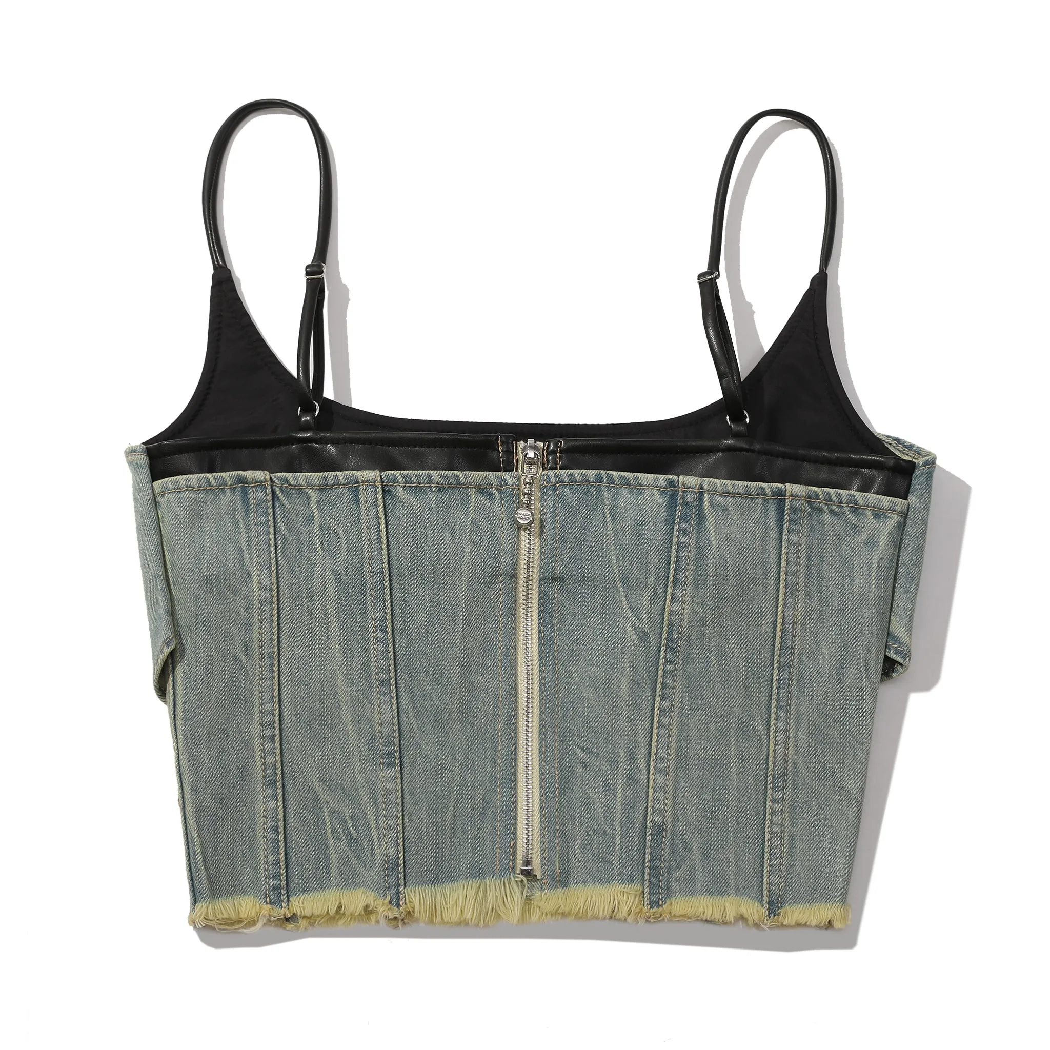 Twist Front Denim & Vegan Leather Top - Blue
