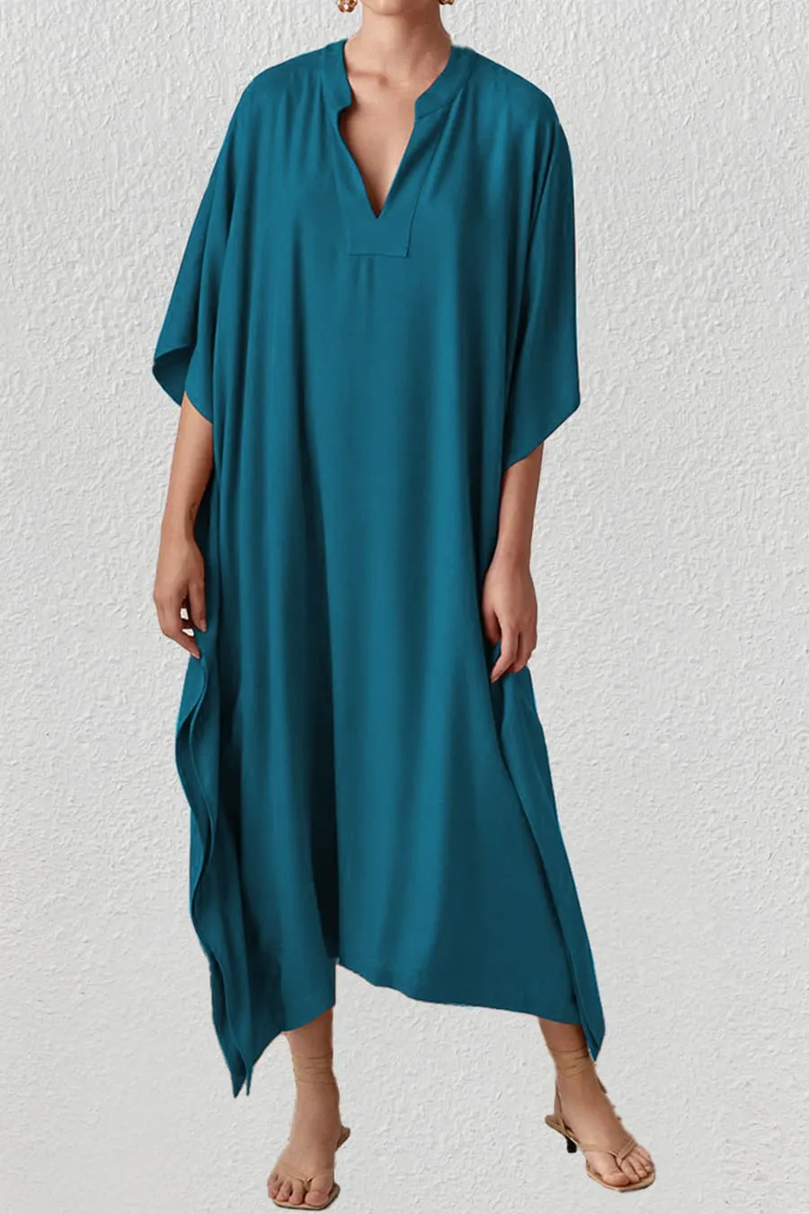 V Neck Beach Long White Kaftan Dress
