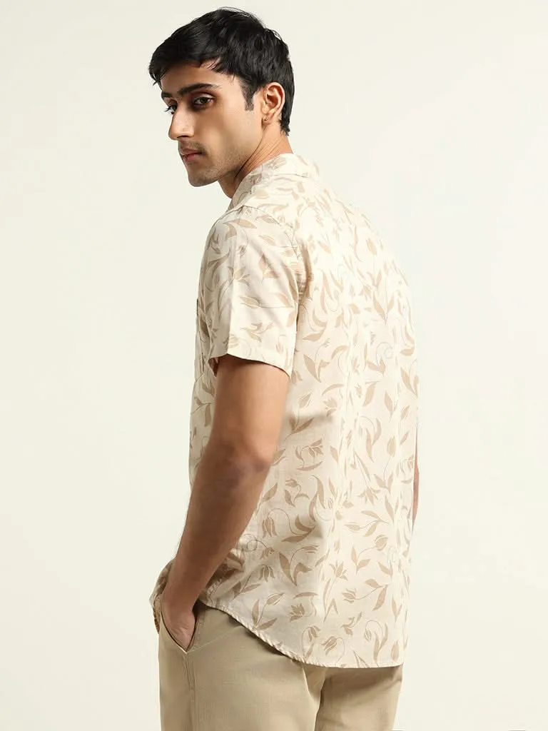 WES Casuals Beige Slim Fit Blended Linen Shirt