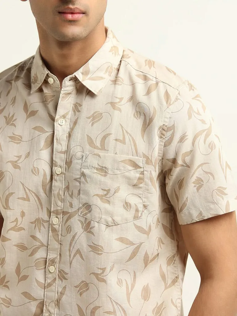 WES Casuals Beige Slim Fit Blended Linen Shirt