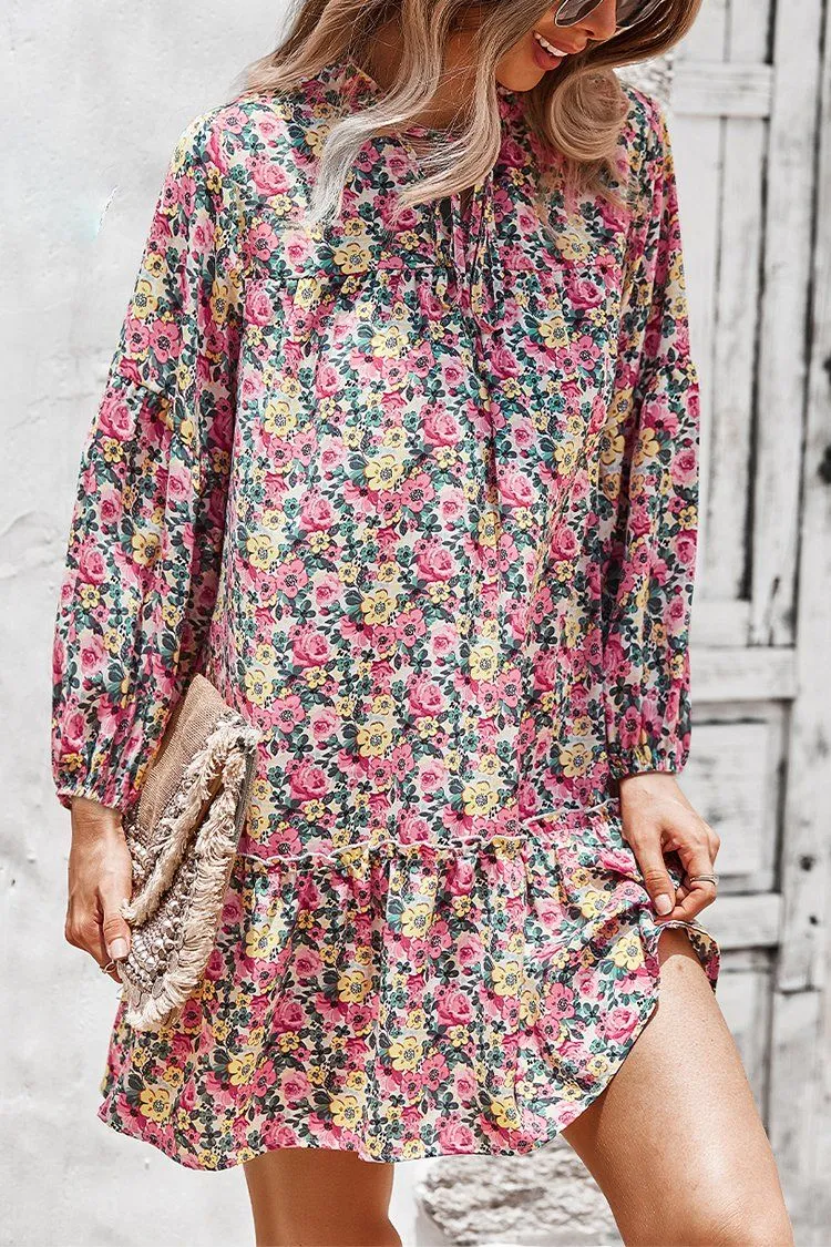 Women’s  Tie Neck Ruffle Pleated Floral Babydoll Graceful Dress