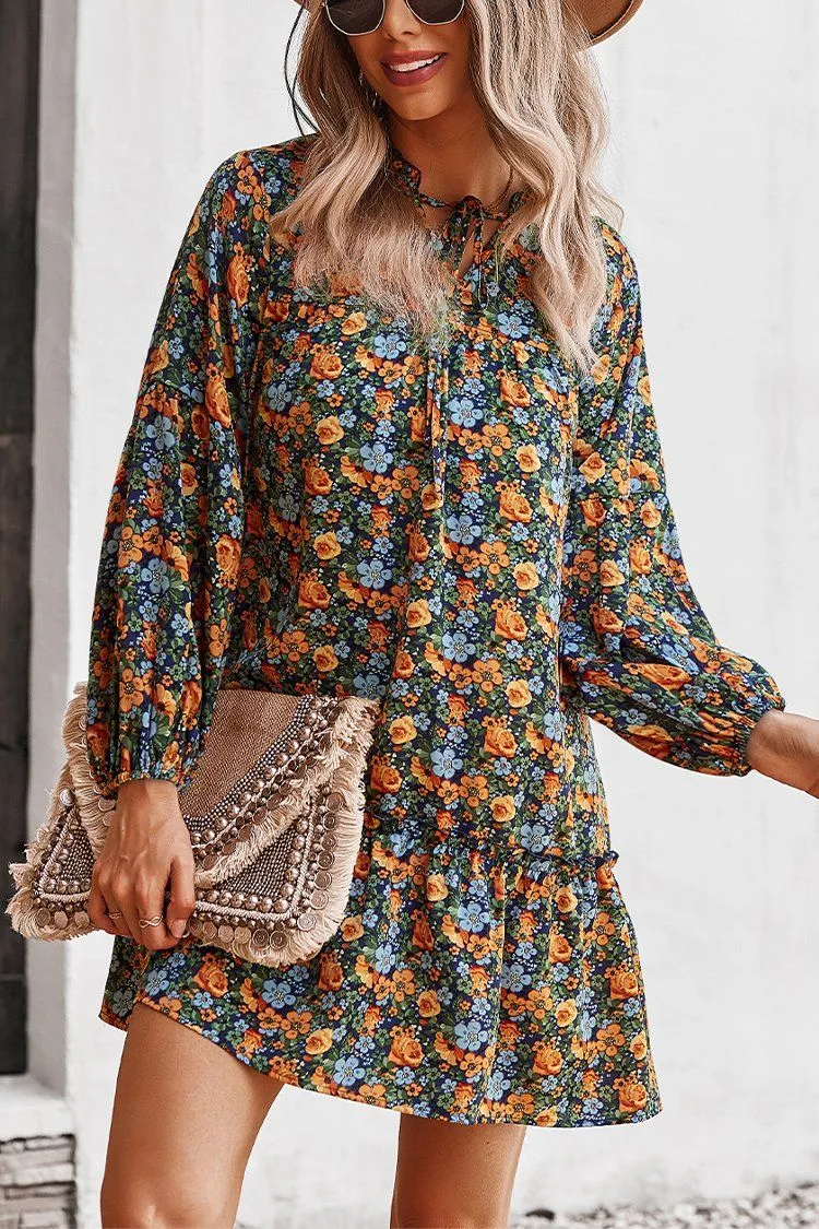Women’s  Tie Neck Ruffle Pleated Floral Babydoll Graceful Dress