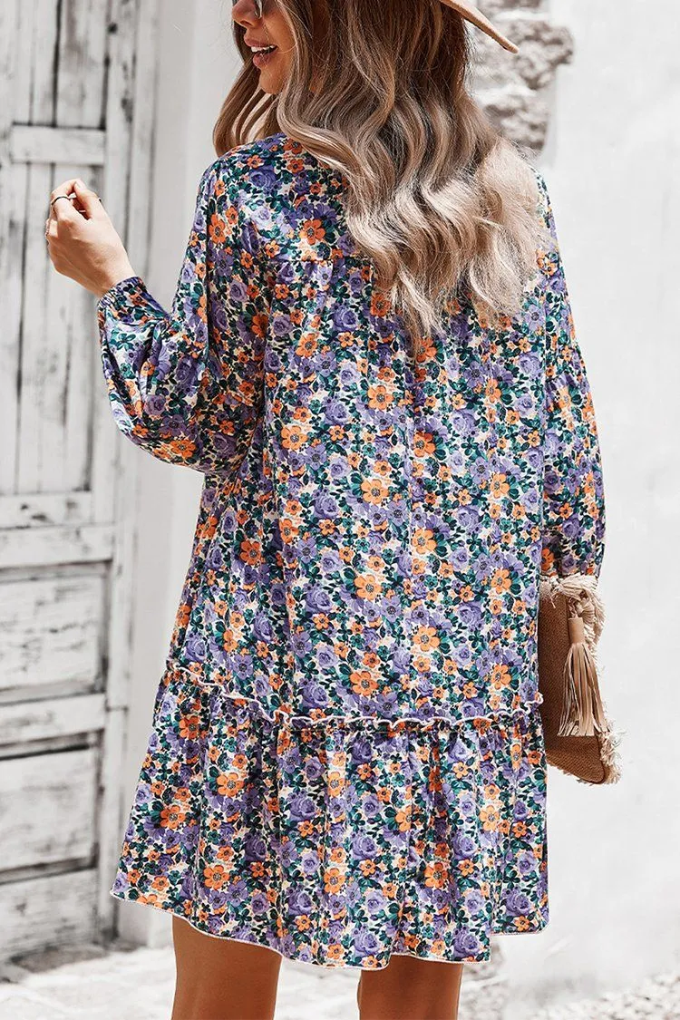 Women’s  Tie Neck Ruffle Pleated Floral Babydoll Graceful Dress