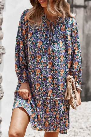 Women’s  Tie Neck Ruffle Pleated Floral Babydoll Graceful Dress