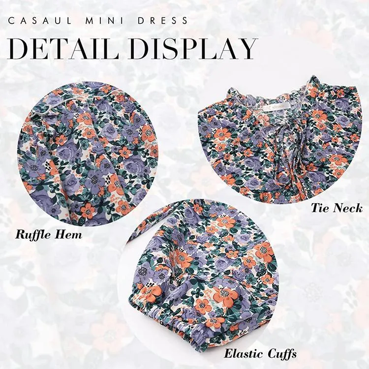 Women’s  Tie Neck Ruffle Pleated Floral Babydoll Graceful Dress