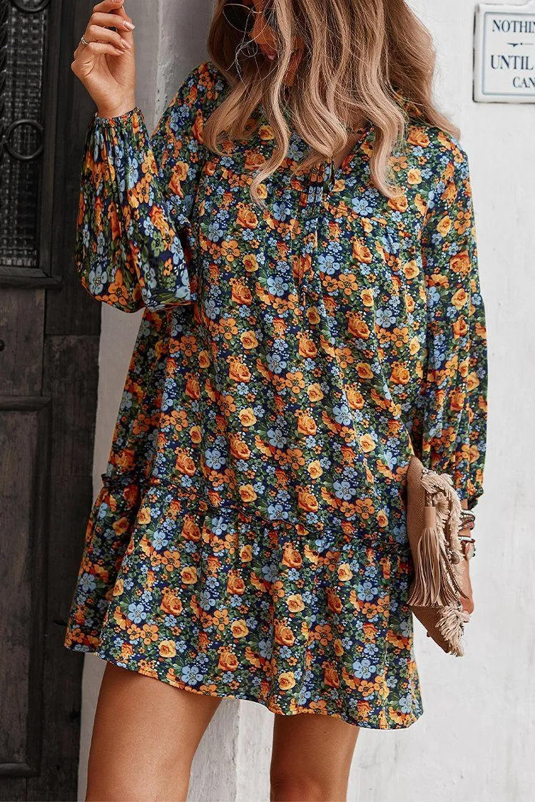 Women’s  Tie Neck Ruffle Pleated Floral Babydoll Graceful Dress