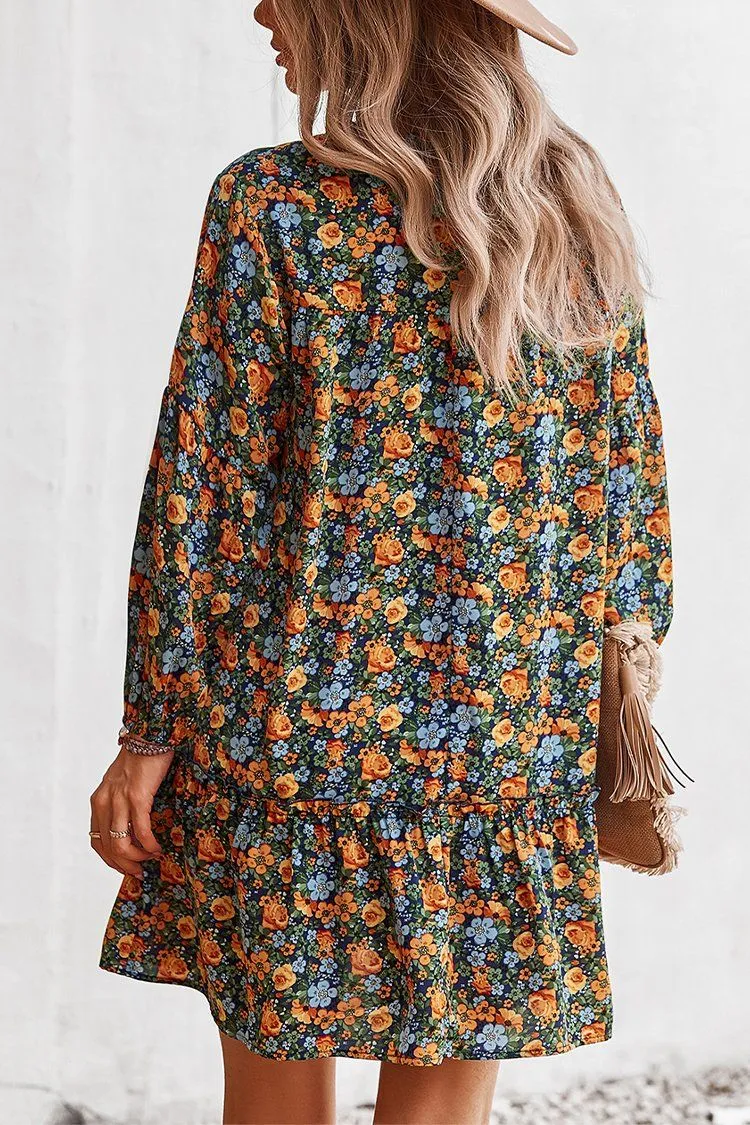 Women’s  Tie Neck Ruffle Pleated Floral Babydoll Graceful Dress