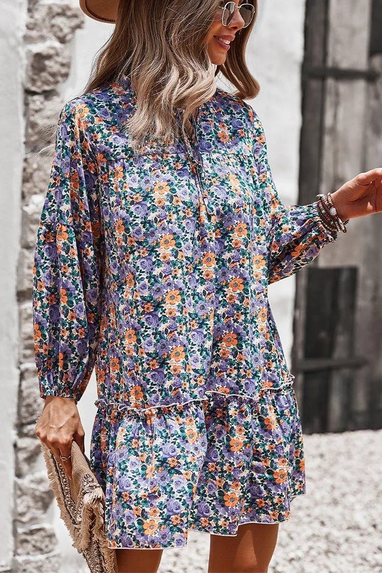 Women’s  Tie Neck Ruffle Pleated Floral Babydoll Graceful Dress