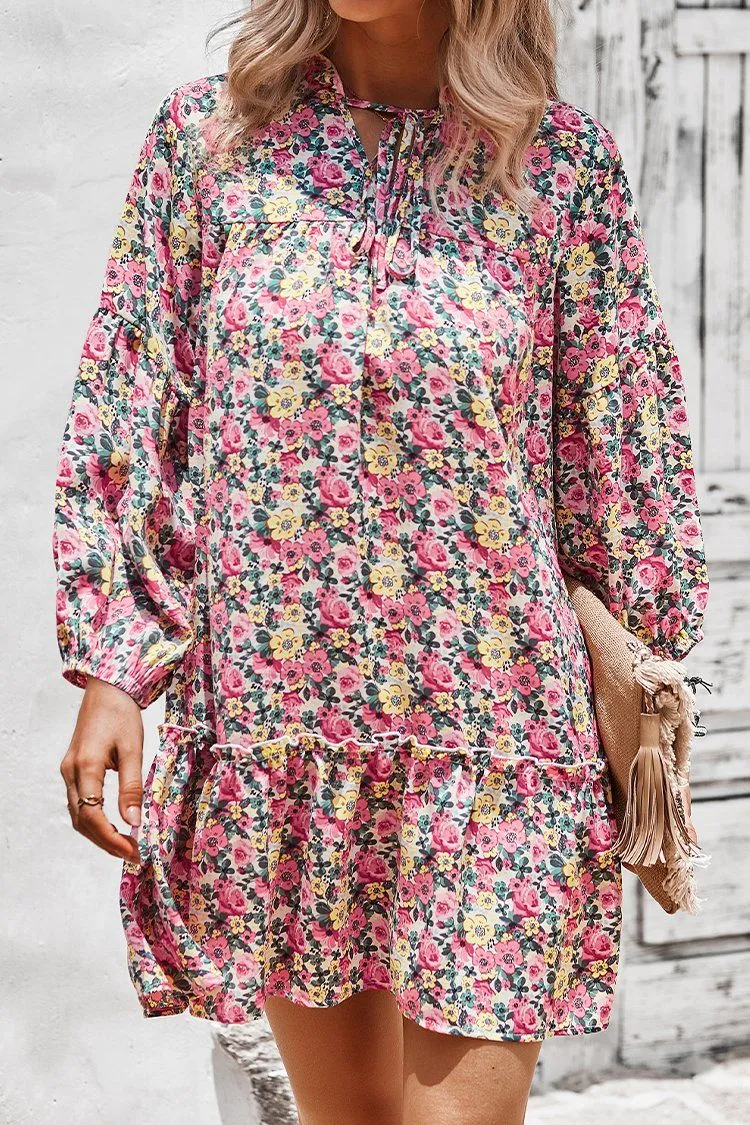 Women’s  Tie Neck Ruffle Pleated Floral Babydoll Graceful Dress