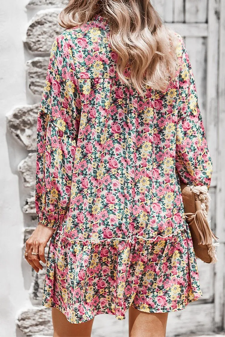 Women’s  Tie Neck Ruffle Pleated Floral Babydoll Graceful Dress
