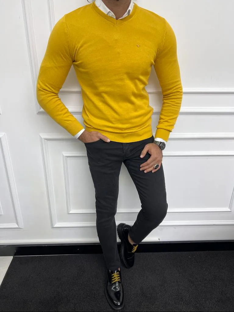 Yellow Slim Fit V-neck Sweater for Men | GentWith.com