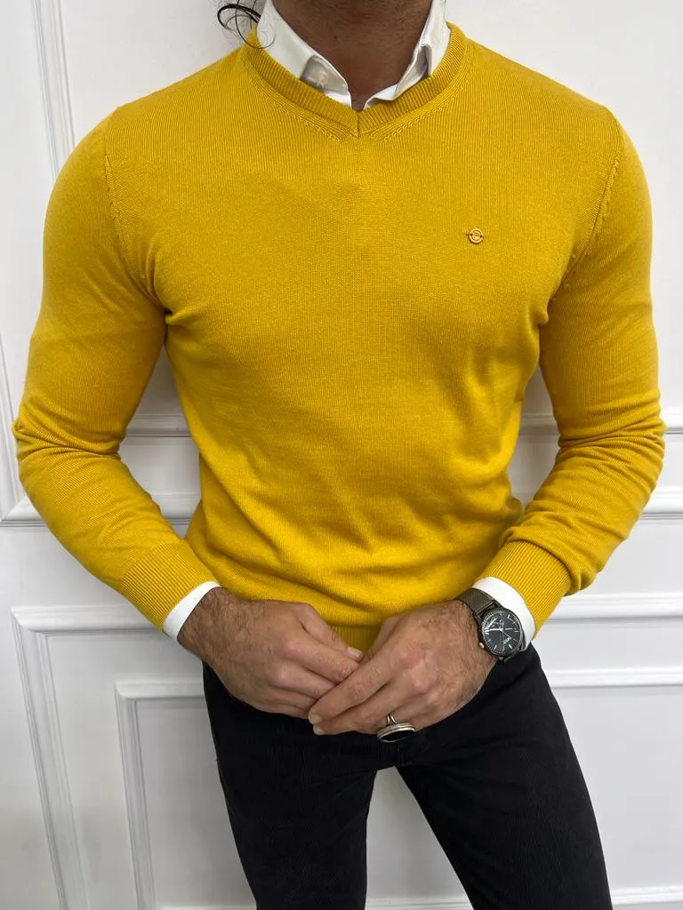 Yellow Slim Fit V-neck Sweater for Men | GentWith.com