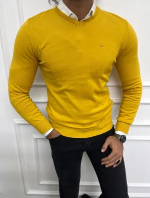 Yellow Slim Fit V-neck Sweater for Men | GentWith.com